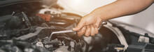 Fixing Automotive Engine, Car Service And Maintenance, Repair Service, Repairman Hands Repairing A Car Engine Automotive Workshop With A Wrench, Auto Service, Maintenance Concept, Fix Car.