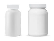 White Medicine Pill Bottle Blank Mockup. Supplement Tablet Jar, Medical Capsule Product Template. Pharmacy Remedy Pack Sample Mock Up, Realistic Design