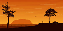 Two People Enjoy Sunset And View Of Mount Uluru In Australia. Wide Realistic Vector Illustration Of Skyline Silhouette Mountain Landscape