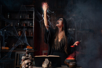 Wall Mural - Halloween, witch use magic book and cauldron prepare poison or love potion