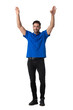 Man with raised arms on white