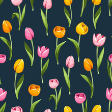Pink, Orange, And Yellow Tulip Flowers On A Dark Blue Background. Vector Seamless Floral Pattern