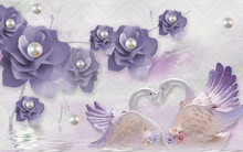 3d Purple Flower And Swan With Texture Background