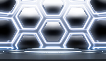 Wall Mural - Futuristic Sci Fi Empty Stage with hexagon neon Glowing Lights. Abstract Background. 3D Rendering.