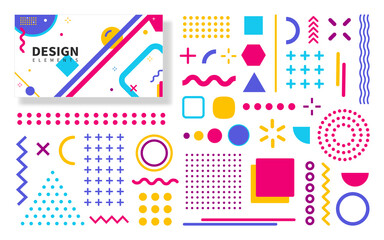 Poster - Set of geometric shapes with design template. Bright trendy design elements Memphis style for use in banner, poster, advertisement, magazine, web, billboard, leaflet. Vector geometric shapes.