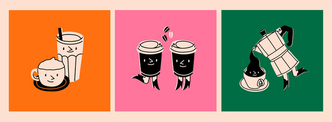 Moka pot, coffee cups with legs in boots. Cup and glass with faces. Logo, icon, coffee shop, menu design templates. Cute cartoon style characters. Three hand drawn isolated Vector illustrations