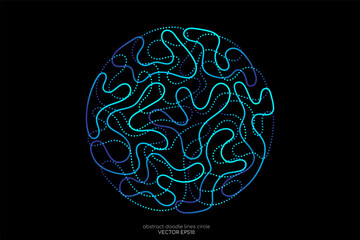 Aufkleber - Abstract doodle line in circle shape by blue green light line like brain. Vector illustration in concept of creative, brain, A.I. technology.