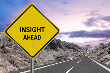 Yellow highway sign with the word Insight and a metaphoric road leading to future success.