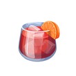 Bottle and glass with vermouth, cold alcohol drink for summer cocktail party vector illustration. Cartoon closed bottle from bar, isolated cup with alcoholic beverage, orange slice, ice cubes