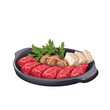 Sukiyaki, Japanese food in hot pot vector illustration. Cartoon Nabemono stew and soup with meat, isolated one pot dishes with slices of beef, tofu and vegetables for dining in Japan restaurant