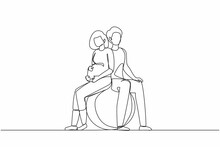 Single One Line Drawing Young Expecting Parents In Yoga Class For Pregnant Women. Man And Pregnant Woman Sitting In Gymnasium Ball. Paired Yoga For Pregnant Women. Continuous Line Draw Design Vector