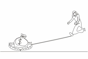Poster - Single continuous line drawing money trap business. Arab businessman running to catch money bag in the steel bear trap. Metaphor of greedy financial risk and bad solutions. One line draw design vector