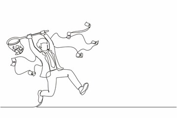 Poster - Single continuous line drawing businessman trying to catch flying money with butterfly net. Happy running entrepreneur man using business opportunity to scoop dollar bills. One line draw design vector