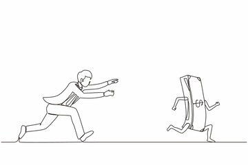 Poster - single one line drawing businessman or manager running and chasing after run away money. concept of 