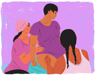 Wall Mural - Two doulas helping pregnant woman in childbirth labor sitting on birthing ball