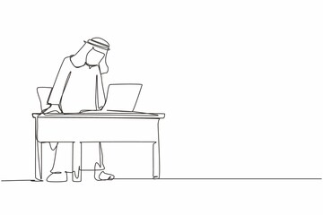 Poster - single continuous line drawing frustrated and furious arabian businessman shouting and screaming scr
