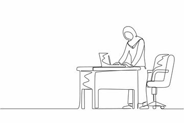 Aufkleber - Single one line drawing woman employee working at ergonomic workstation. Office furniture with computer and laptop. Arab female standing on foot rest behind desk. Continuous line design graphic vector
