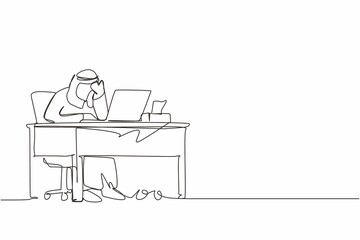 Poster - single one line drawing male employee crying while wiping tears using tissue and staring at laptop. 
