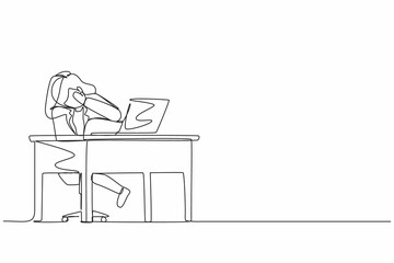 Poster - Single one line drawing scared woman manager looking at laptop computer screen. Shocked girl watching video on her notebook computer at home. Continuous line draw design graphic vector illustration
