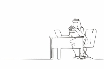 Poster - Single one line drawing fat obese Arabian man using laptop eating burger fast food unhealthy lifestyle concept overweight male freelancer sitting at workplace. Continuous line draw design vector