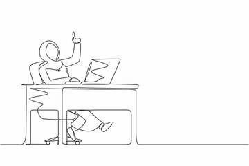 Poster - continuous one line drawing arab businesswoman getting bright new idea while working with laptop on 