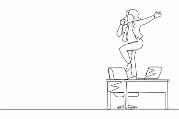 Poster - single one line drawing happy office worker dancing on desk. young businesswoman dancing while sitti