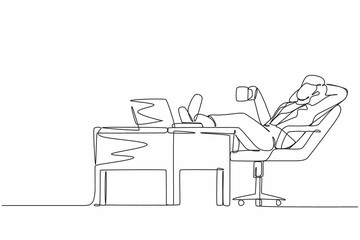 Wall Mural - Single continuous line drawing businesswoman work relaxed at desk and drink cup of coffee. Flat design of employee character working with laptop computer. One line draw graphic vector illustration