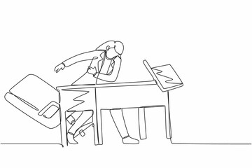 Poster - single one line drawing frustrated and furious young businesswoman is angry and throwing laptop. bad