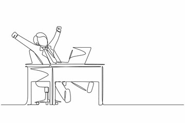 Poster - continuous one line drawing happy businessman sitting in chair at desk using laptop celebrating win 