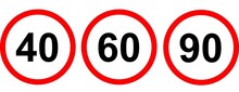Speed ​​limit Sign, 40,60, 90 Km. Red, Round Signal On The Road. Vector Image.
