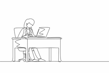 Aufkleber - Continuous one line drawing female works in office. Woman working, typing and sending messages. Work, table, computer flat vector. Workplace and communication concept. Single line draw design graphic