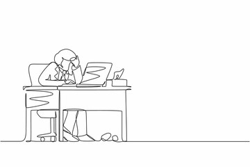 Poster - single continuous line drawing male employee crying while wiping tears using tissue and staring at l