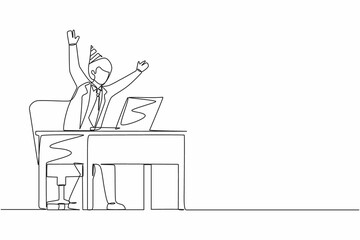 Aufkleber - Single one line drawing success in work, winning online, technology concept. Businessman stands in office with hand raised opposite computer screen celebrating success. Continuous line design vector