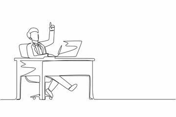 Poster - single one line drawing businessman getting bright new idea while working with laptop on desk. male 