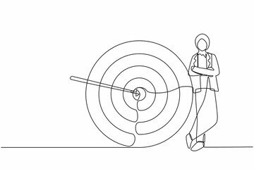 Poster - Continuous one line drawing Arabian businesswoman or manager standing next to target. Arrow hit target exactly. Successful business strategy, marketing concept. Single line design vector illustration