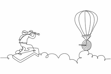Poster - Single continuous line drawing Arabian businessman ride arrow symbol, flying, and using monocular to see business vision on hot air balloon. Professional manager. One line draw graphic design vector