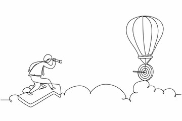 Sticker - Single one line drawing male employee fly on arrow and using monocular to see business vision on hot air balloon. Business finance goal concept. Continuous line draw design graphic vector illustration