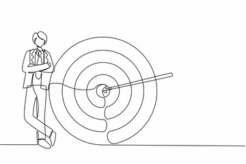 Poster - single continuous line drawing happy businessman or manager is standing near target. arrow hit targe