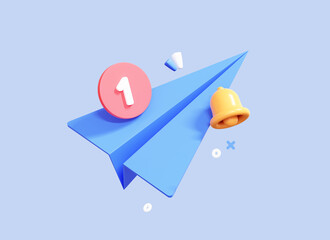 Poster - 3d paper airplane with new message concept. origami plane with bell and one notification. banner tem