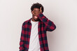 © Asier - Young african american man isolated on white background  covers eyes with hands, smiles broadly waiting for a surprise.
