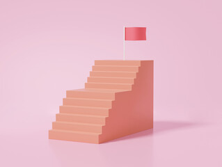 Poster - Red flag target successful concept. orange staircase strategy growth of vision business financial, minimal cartoon on pink background. 3d render illustration