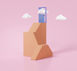 Poster - Door target successful concept minimal cartoon orange staircase with door and clouds growth of financial business on pink background. vision idea. 3d render illustration