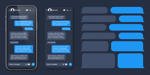 Realistic smartphone with messaging app. SMS text frame. Conversation chat screen with blue message bubbles and placeholder text. Social media application. Vector illustration.