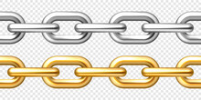 Realistic Seamless Golden And Silver Chains On Checkered Background. Metal Chain With Shiny Gold Plated Links. Vector Illustration.