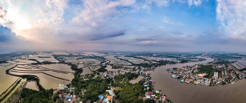Aerial view of an estuary near Wat Pak Ao, Phetchaburi, Thailand