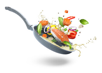 Tasty fresh ingredients and frying pan on white background