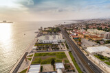 Fototapeta Przestrzenne - Aerial view of the promenade by Belem touristic area on the Tagus river