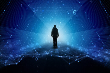Wall Mural - Futuristic augmented digital artificial intelligence city with people silhouette and technology network background.	
