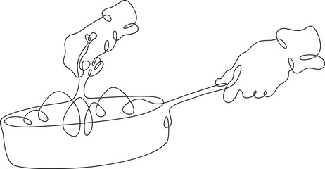 One continuous line.The hands of the cook. The cook prepares food in a frying pan. Cooking food on fire. The chef stirs the food being prepared.One continuous line is drawn on a white background.