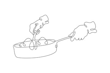 Poster - one continuous line.the hands of the cook. the cook prepares food in a frying pan. cooking food on f